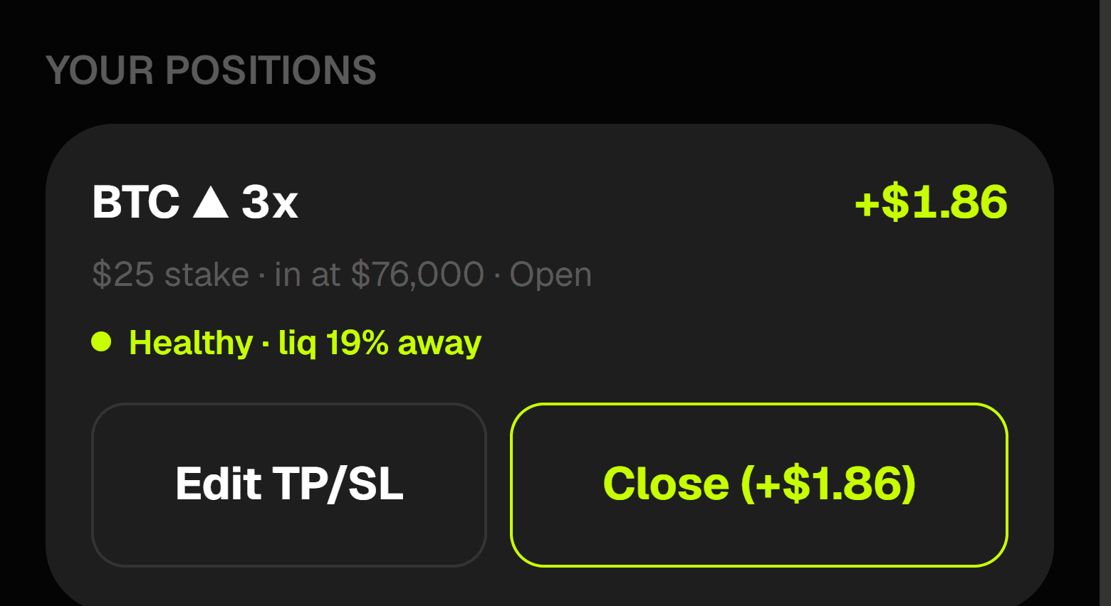 An open BTC 3x position card showing live profit, entry price, liquidation distance, and Edit TP/SL and Close buttons.